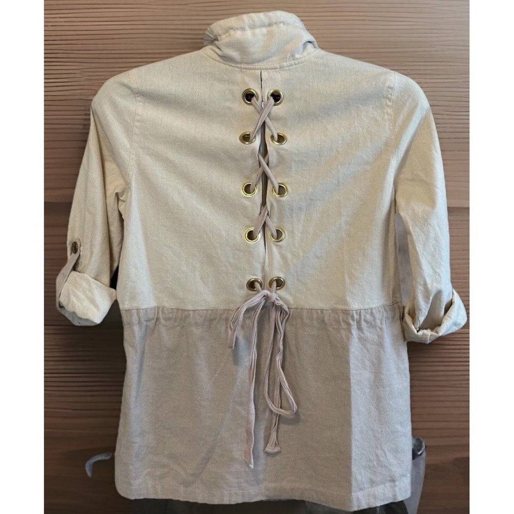 Polagram Womens S Cotton Linen Beige Ivory Cinched‎ Waist Corset Back Jacket